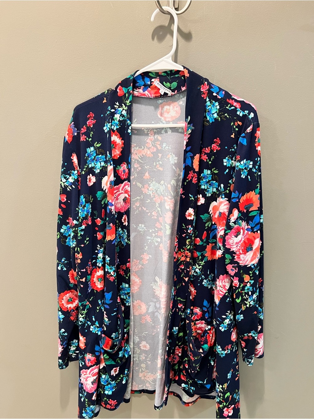 Kiyonna Navy Floral Open Cardigan with Pink & Blue Blooms